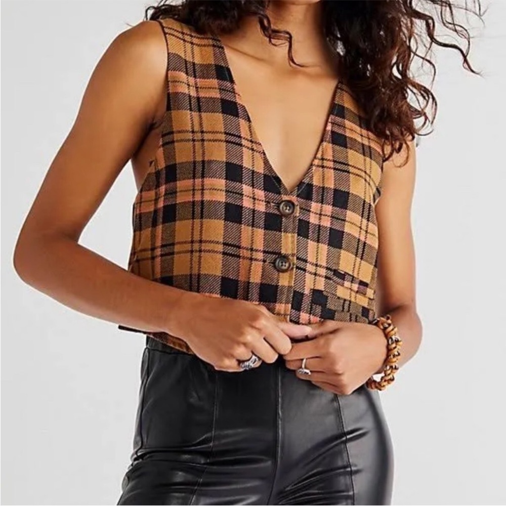 Free people We the free plaid micro vest waistcoat NWOT - Picture 2 of 9